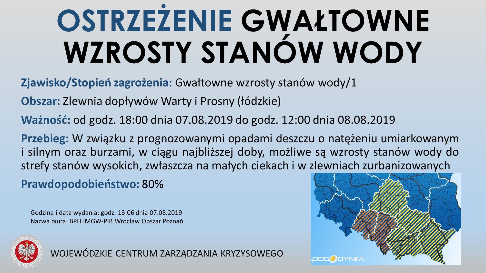 Ostrzeżenie hydrologiczne 
 Zjawisko/Stopień zagrożenia: Gwałtowne wzrosty stanó...