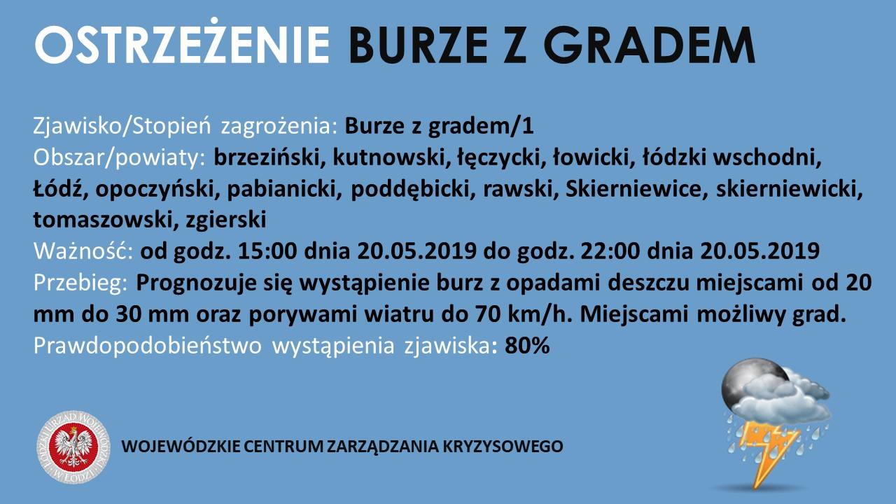 Ostrzeżenie meteorologiczne
 Zjawisko/Stopień zagrożenia: Burze z gradem/1: 
 Ob...