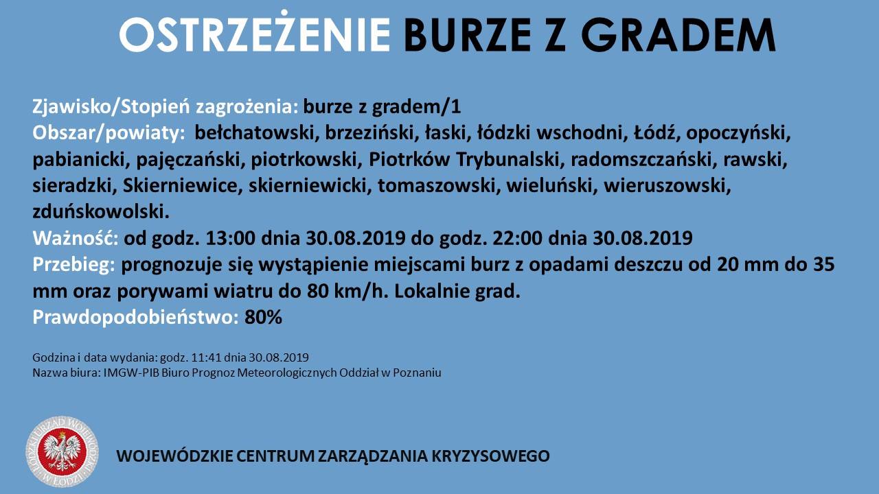 Ostrzeżenie meteorologiczne 
 Zjawisko/Stopień zagrożenia: Burze z gradem/1
 Obs...
