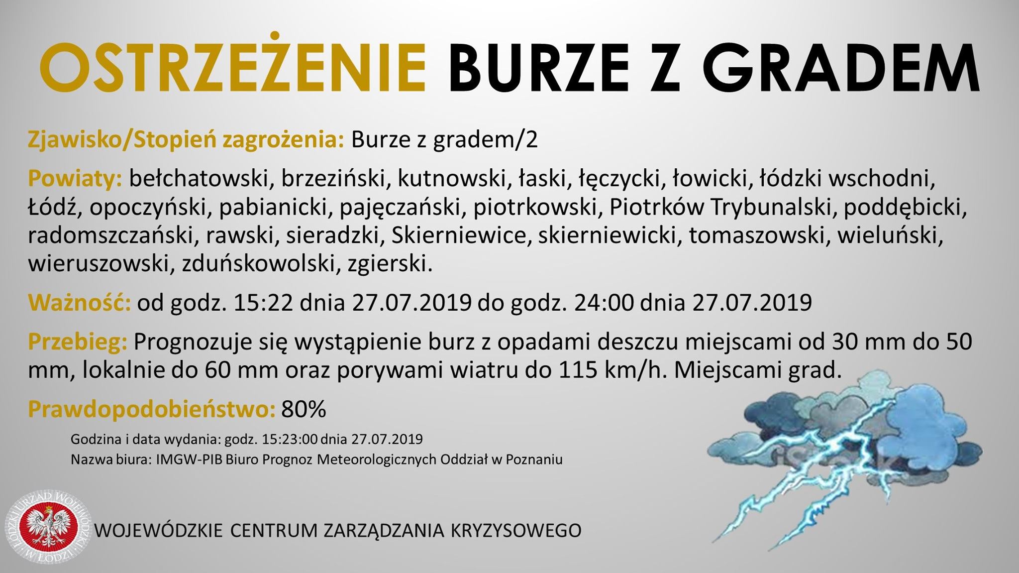 Ostrzeżenie meteorologiczne
 Zjawisko/Stopień zagrożenia: Burze z gradem/2
 Obsz...