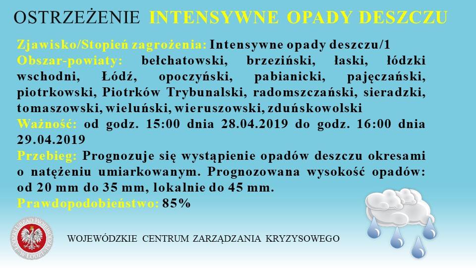 Ostrzeżenie meteorologiczne 
 Zjawisko/Stopień zagrożenia: Intensywne opady desz...