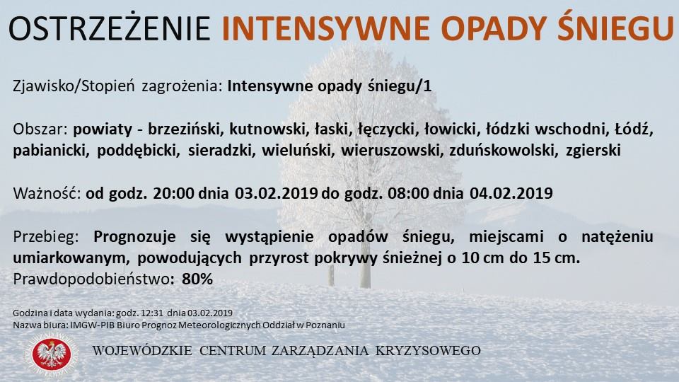 Ostrzeżenie meteorologiczne
 Zjawisko/Stopień zagrożenia: Intensywne opady śnieg...