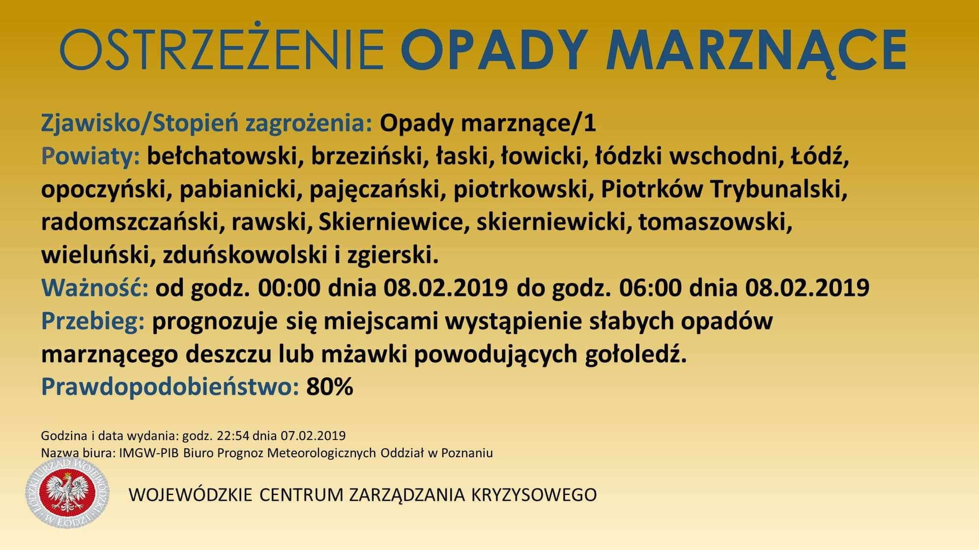 Ostrzeżenie meteorologiczne
 Zjawisko/Stopień zagrożenia: Opady marznące
 Obszar...