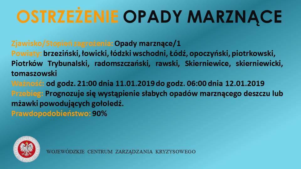 Ostrzeżenie meteorologiczne
 Zjawisko/Stopień zagrożenia: Opady marznące/1
 Powi...