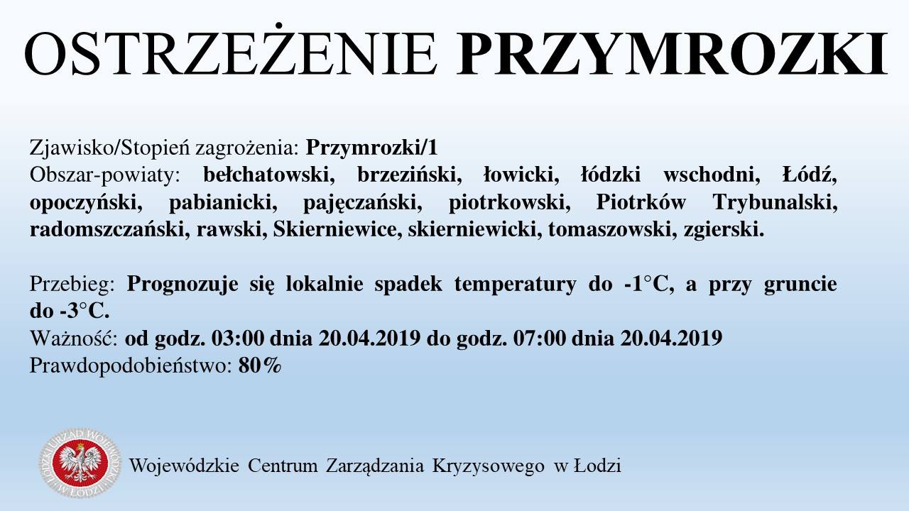 Ostrzeżenie meteorologiczne
 Zjawisko/Stopień zagrożenia: Przymrozki/1
 Obszar-p...