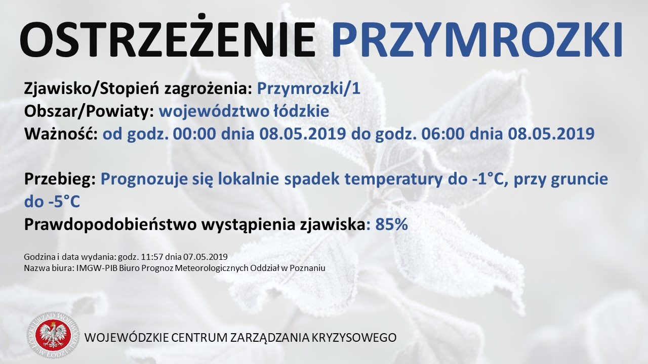 Ostrzeżenie meteorologiczne
 Zjawisko/Stopień zagrożenia: Przymrozki/1
 Obszar: ...
