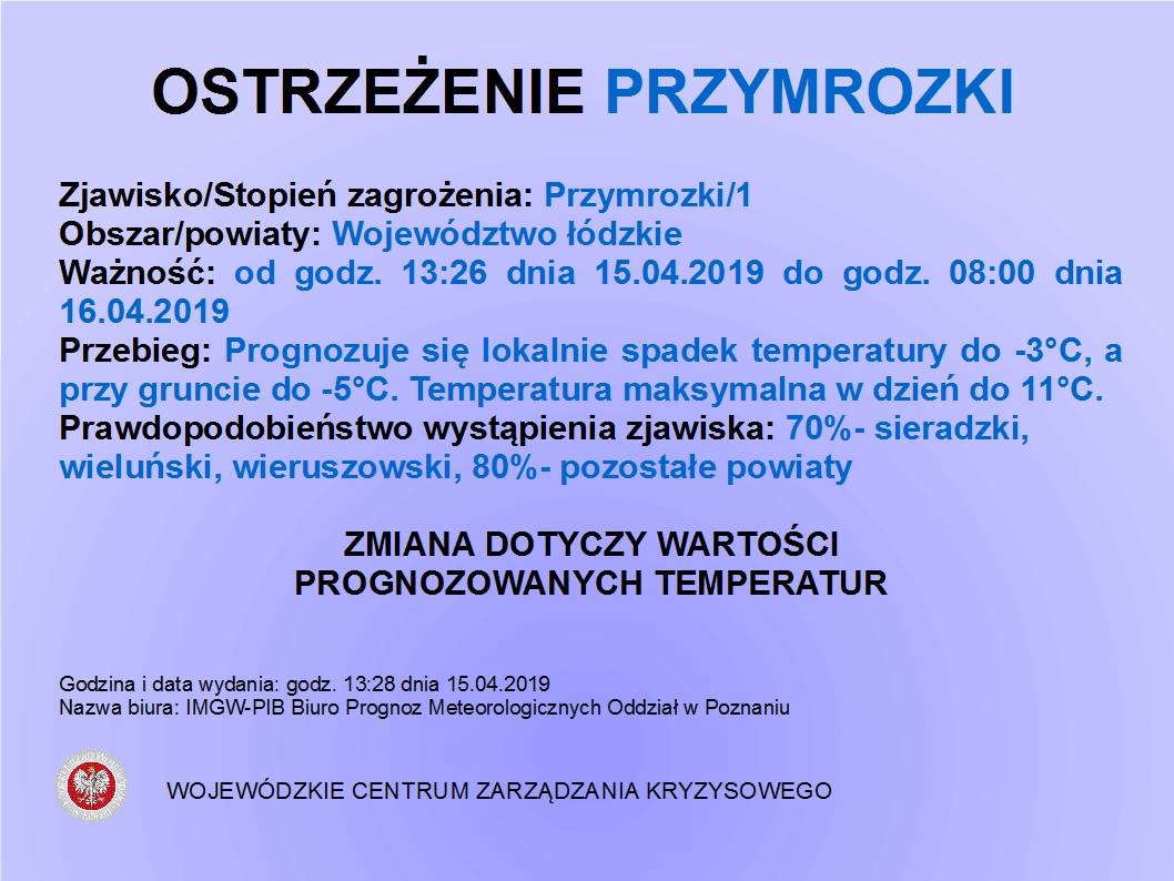 Ostrzeżenie meteorologiczne - aktualizacja
 Zjawisko/Stopień zagrożenia: Przymro...