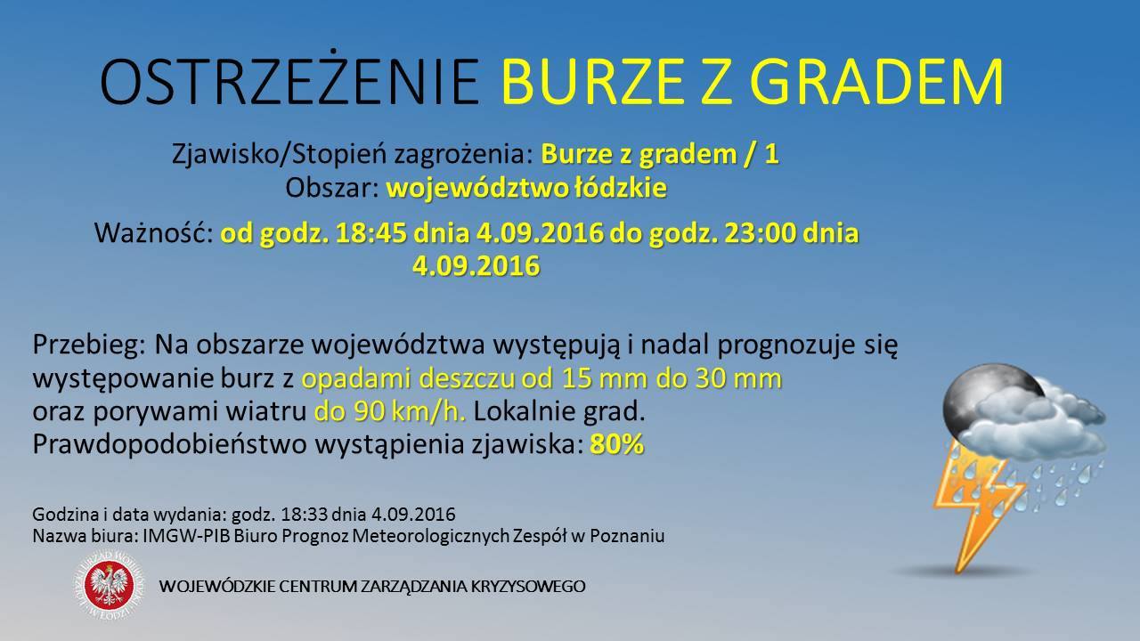 Ostrzeżenie nr 49
 BURZE Z GRADEM
 Ważność: Od 2016-09-04 18:45 do 2016-09-04 23...