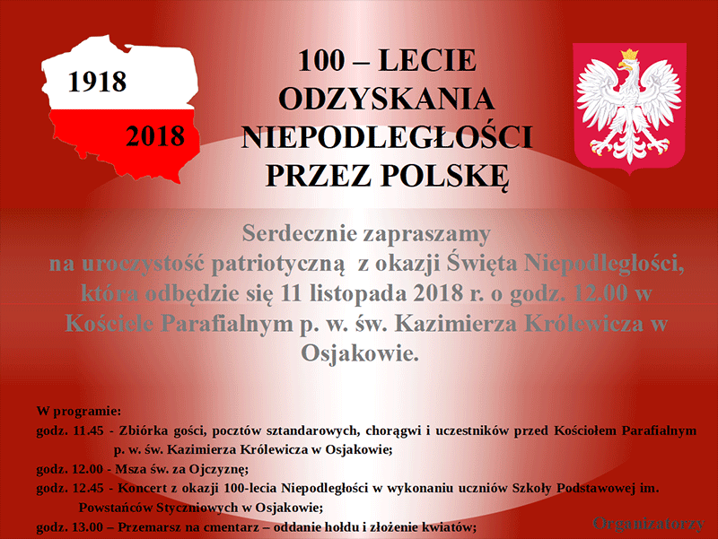 Serdecznie zapraszamy na uroczystość z okazji Święta Niepodległości