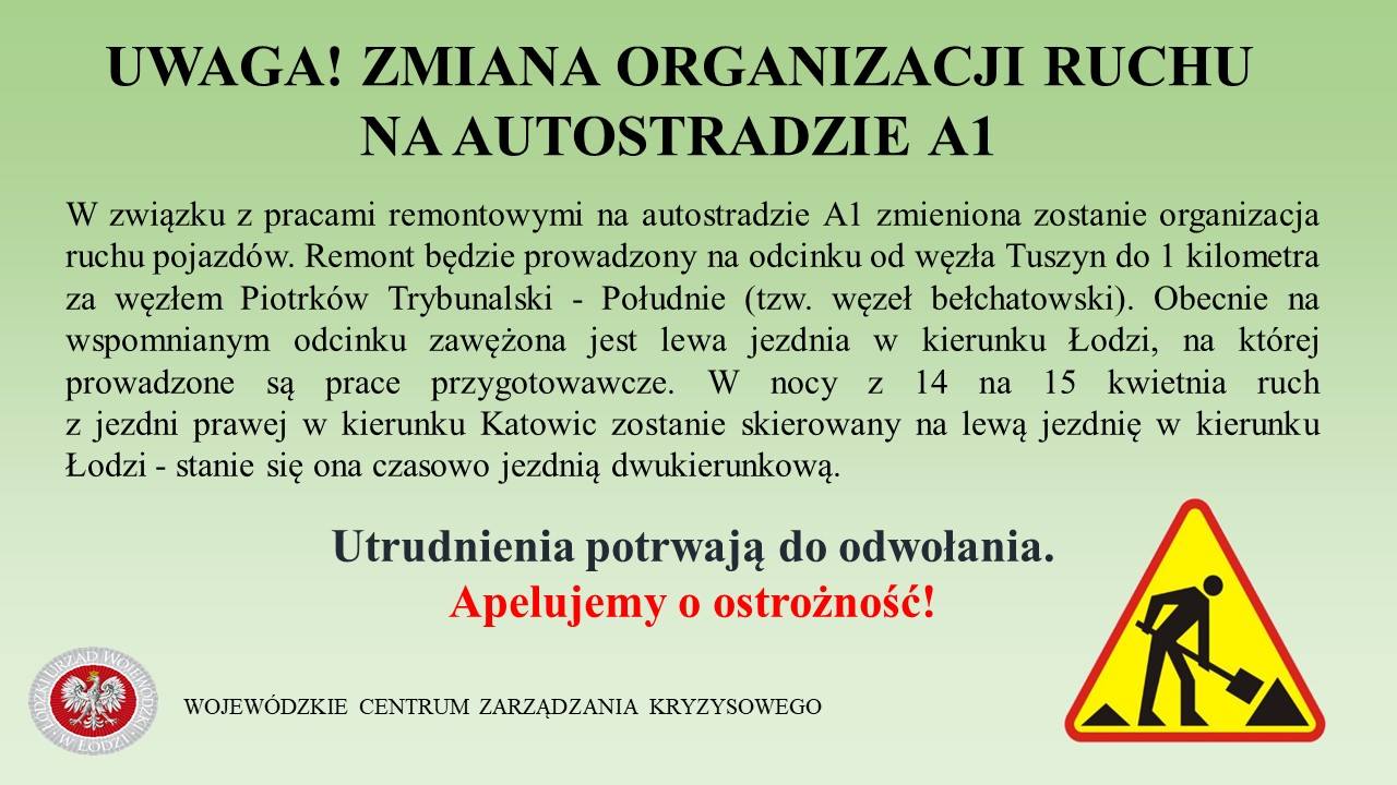 Uwaga! Rozpoczynają się prace na odcinku "A" autostrady A1 od węzła Tu...