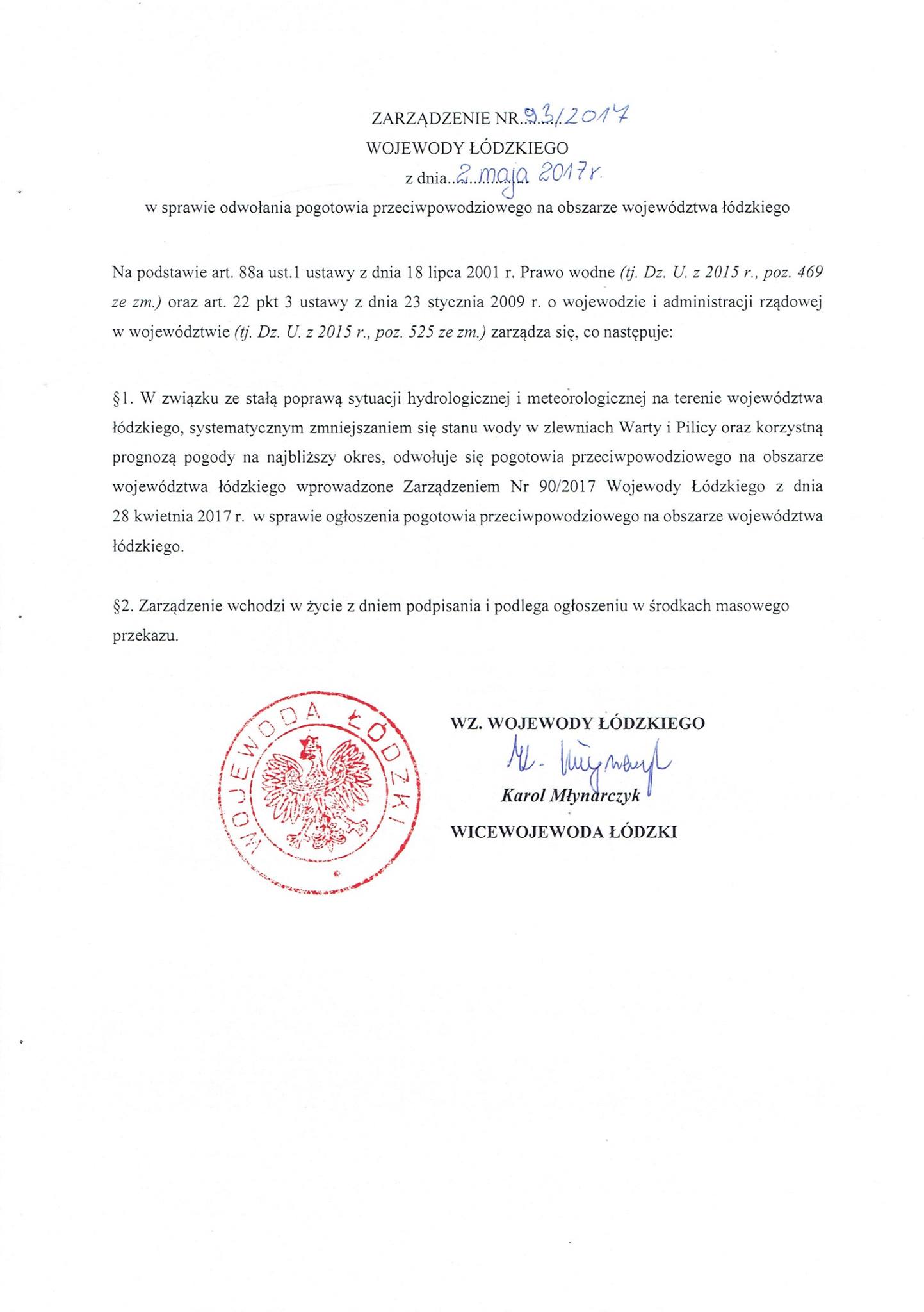 W związku z poprawą sytuacji hydrologicznej i meteorologicznej na terenie wojewó...