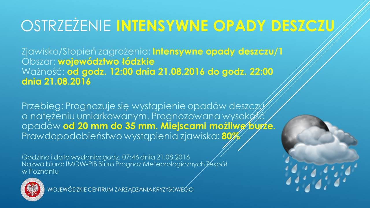 Ważność: Od 2016-08-21 12:00 do 2016-08-21 22:00
 Obszar: województwo łódzkie
 P...