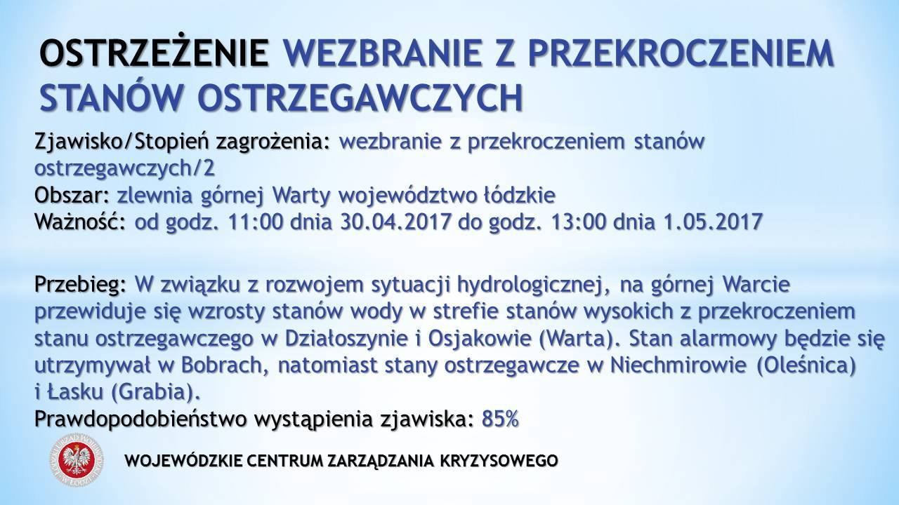 Ważność: Od 2017-04-30 11:00 do 2017-05-01 13:00
 Obszar: zlewnia górnej Warty (...