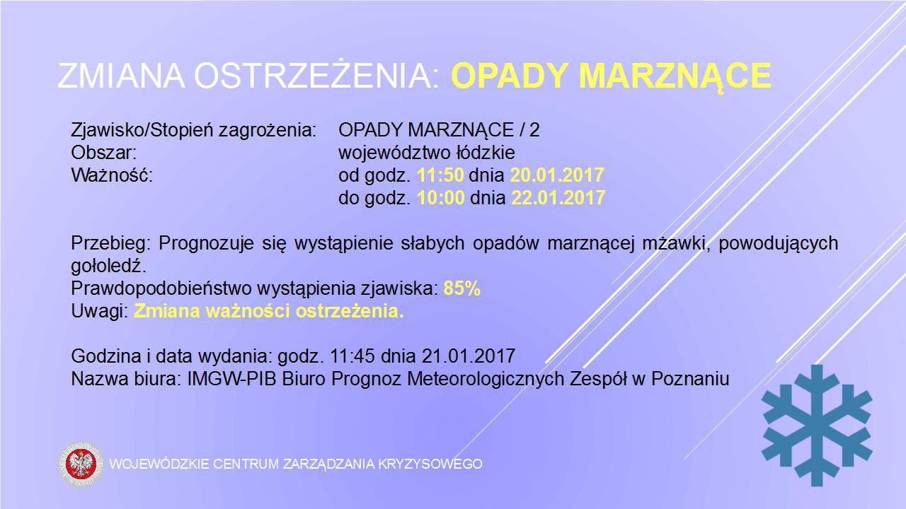 ZMIANA OSTRZEŻENIA Nr 8 wydanego dnia 20.01.2017 o godz. 13:08
 Zjawisko/Stopień...