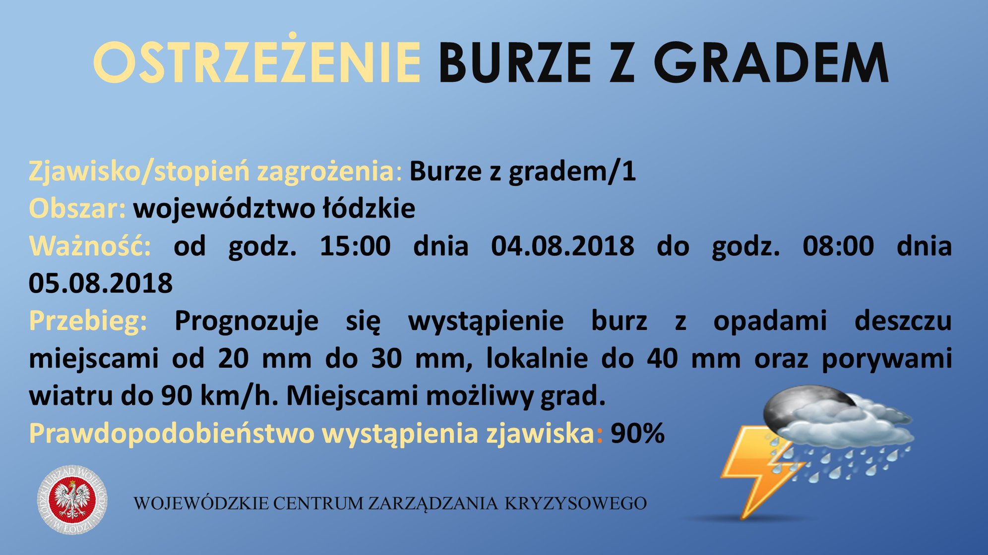 Zjawisko/Stopień zagrożenia: Burze z gradem/1
 Obszar: woj. łódzkie - wszystkie ...