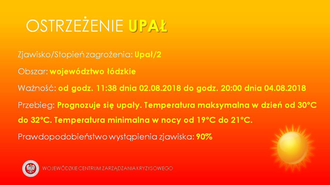 Zjawisko/stopień zagrożenia: Upał/2
 Obszar: województwo łódzkie (wszystkie powi...