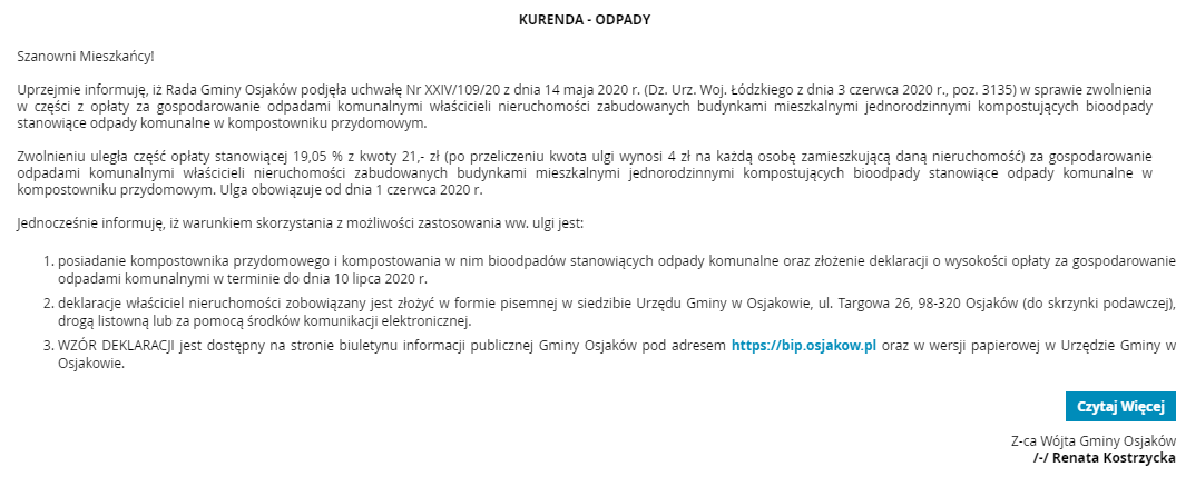 KURENDA - ODPADY
 Szanowni Mieszkańcy!
 Uprzejmie informuję, iż Rada Gminy Osjak...