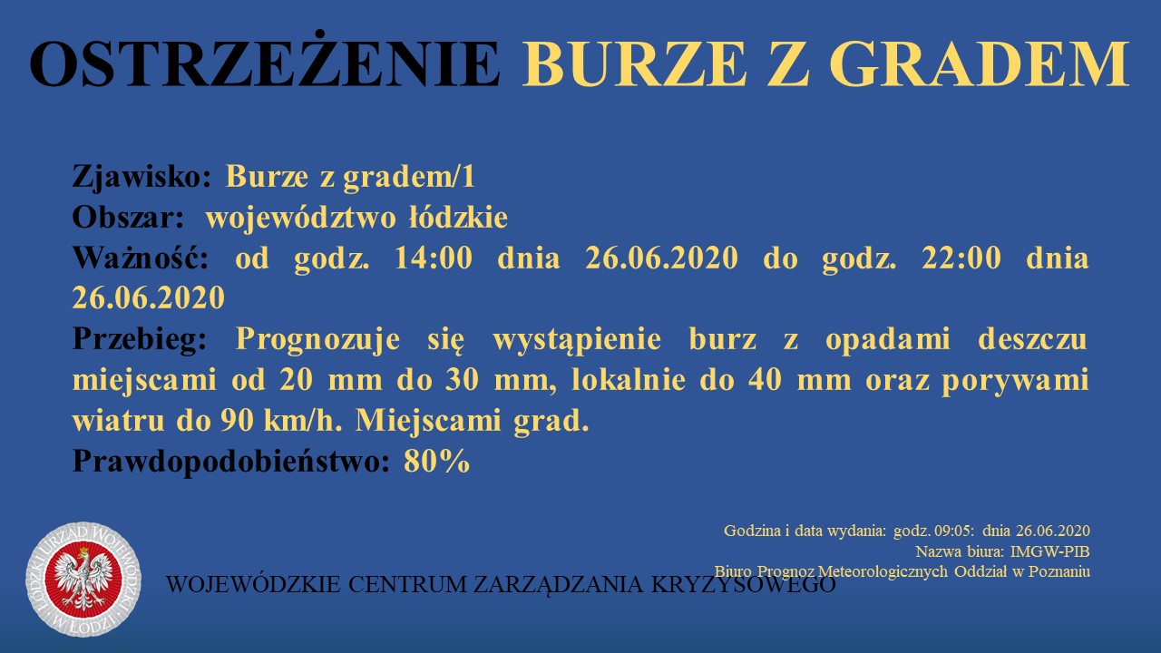 Ostrzeżenie meteorologiczne
 Zjawisko: Burze z gradem/1
 Powiaty: województwo łó...