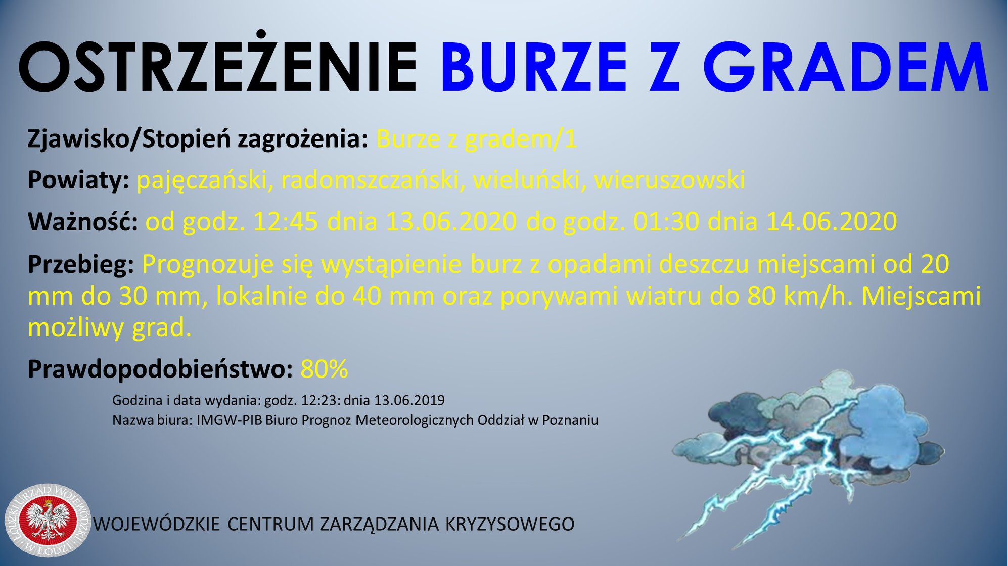 Ostrzeżenie meteorologiczne
 Zjawisko/Stopień zagrożenia: Burze z gradem/1
 Powi...