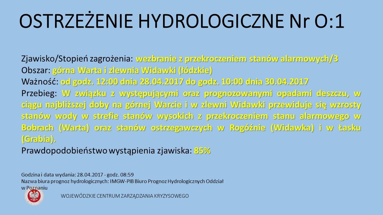 OSTRZEŻENIE HYDROLOGICZNE NR 0:1
 Zjawisko/Stopień zagrożenia: wezbranie z przek...