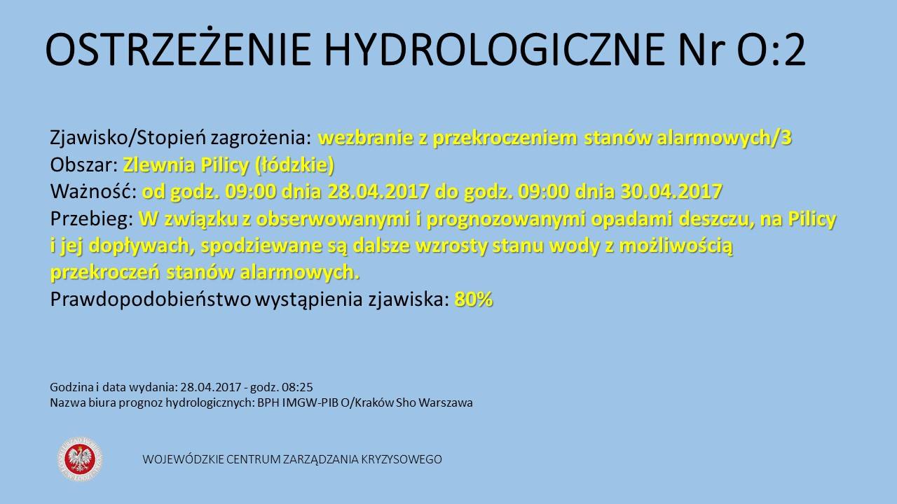 OSTRZEŻENIE HYDROLOGICZNE NR 0:2
 Zjawisko/Stopień zagrożenia: wezbranie z przek...