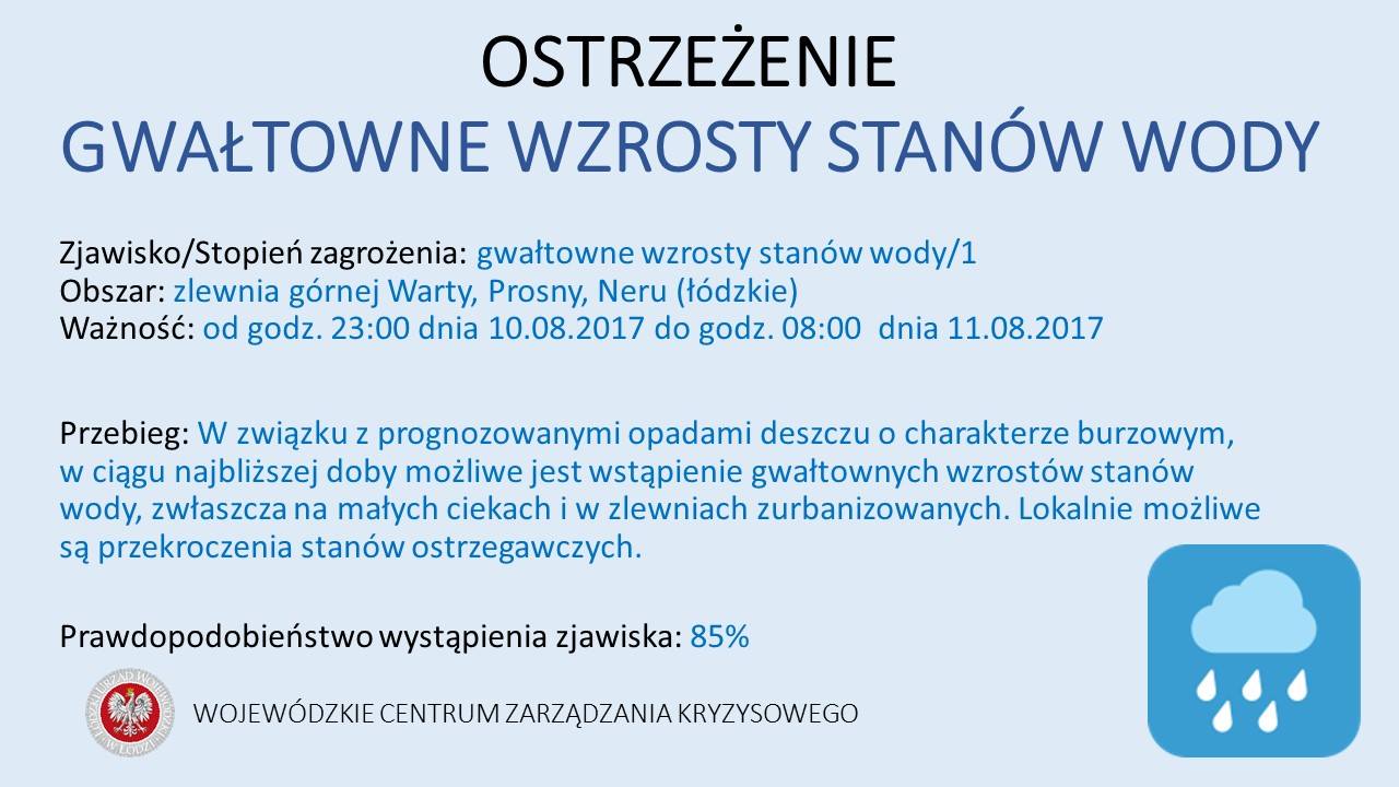 OSTRZEŻENIE HYDROLOGICZNE nr 25
 Ważność:  Od 2017-08-10 23:00 do 2017-08-11 08:...