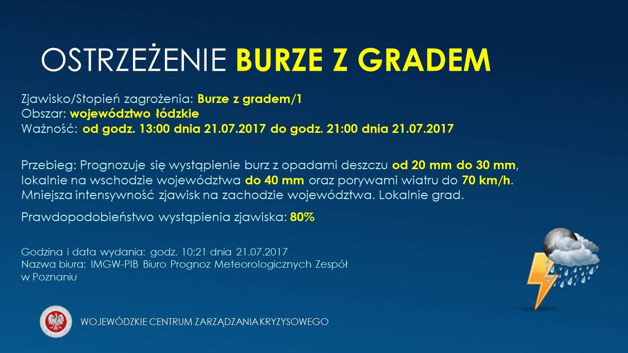 OSTRZEŻENIE Nr 37 
 Zjawisko/Stopień zagrożenia: Burze z gradem/1
 Obszar: wojew...