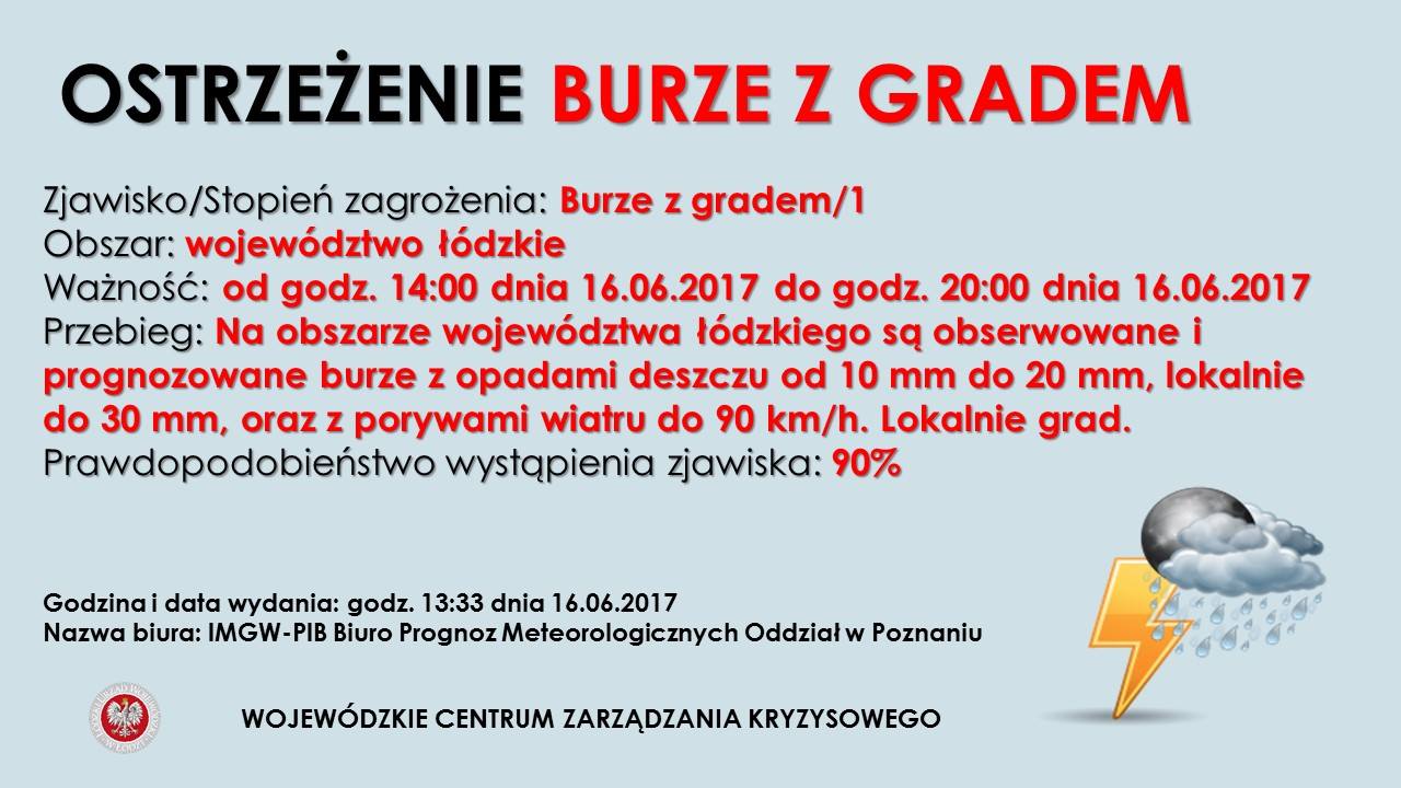 Ostrzeżenie meteorologiczne Nr 26
 Zjawisko/stopień zagrożenia Burze z gradem/1
...