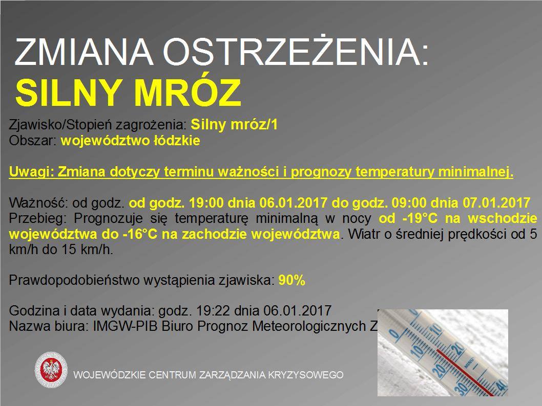 ZMIANA OSTRZEŻENIA Nr 3 wydanego dnia 06.01.2017 o godz. 10:35
 Zjawisko/Stopień...