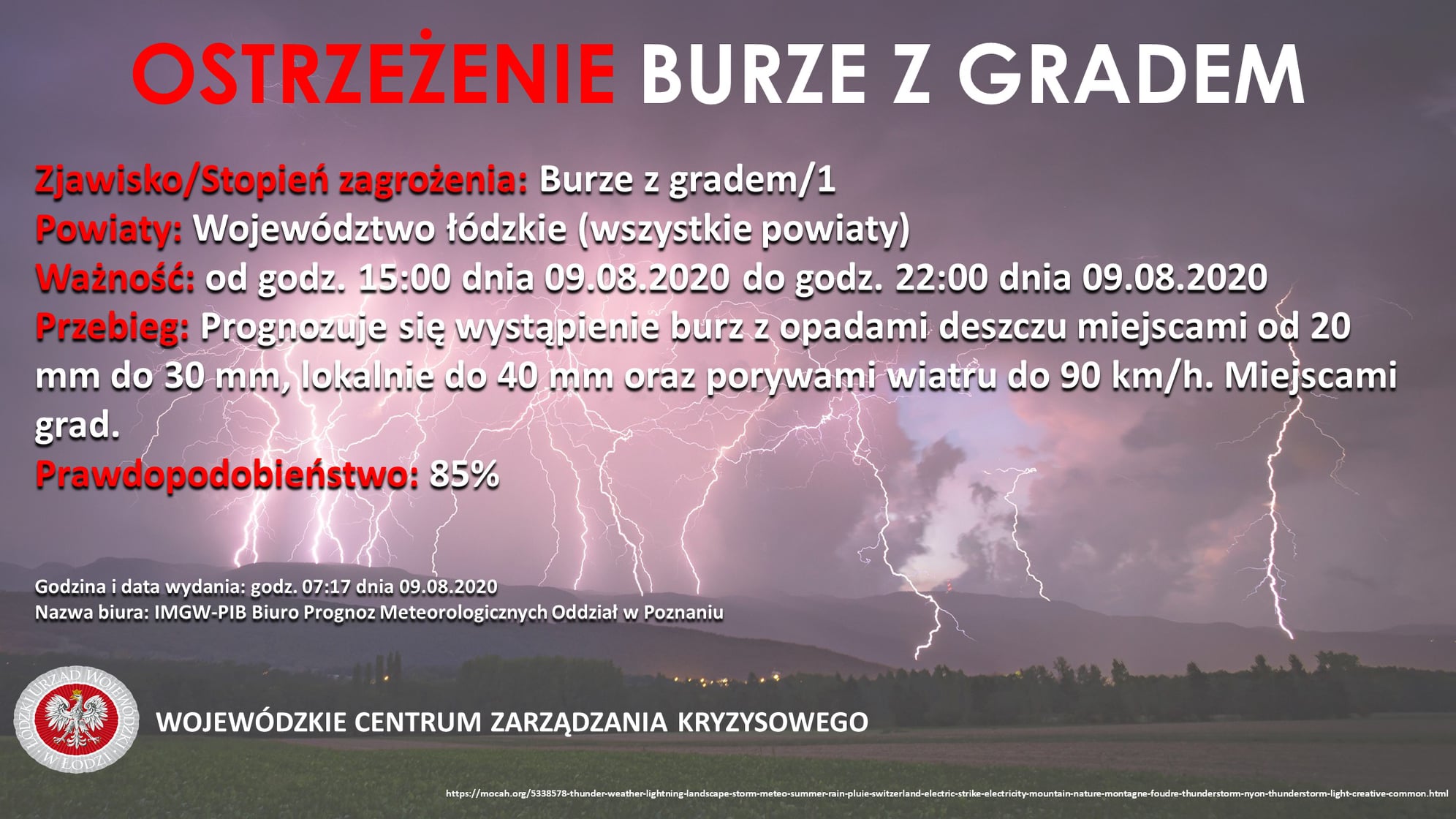 OSTRZEŻENIE BURZE Z GRADEM
 Zjawisko/Stopień zagrożenia: Burze z gradem/1
 Powia...