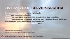 Obraz może zawierać: tekst „OSTRZEŻENIE BURZE Z GRADEM Zjawisko/stopień zagrożenia: burze z gradem/2; Obszar: całe województwo łódzkie; Ważność: od godz. 14:00 dnia 26.08.2020 do godz. 19:00 dnia 26.08.2020; Przebieg: prognozuje się wystąpienie miejscami burz z opadami deszczu do 20 mm oraz porywami wiatru do 115 km/h. Miejscami grad. Prawdopodobien vstąpienia zjawiska: 85% Godzina idata wydania: 07:23 dnia 26.08.2020 Nazwa biura: IMGW-PIB Biuro Prognoz Meteorologicznych Zespół w Poznaniu WOJEWÓDZKIE CENTRUM ZARZĄDZANIA KRYZYSOWEGO”