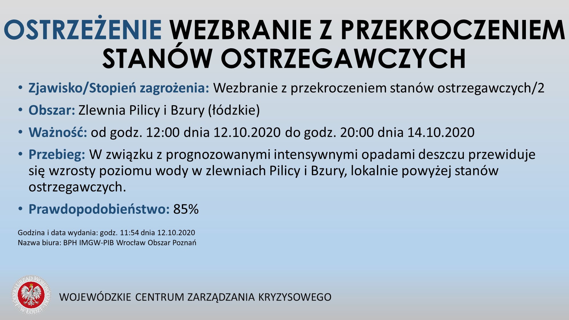 OSTRZEŻENIE: WEZBRANIE Z PRZEKROCZENIEM STANÓW OSTRZEGAWCZYCH
 Zjawisko/Stopień ...