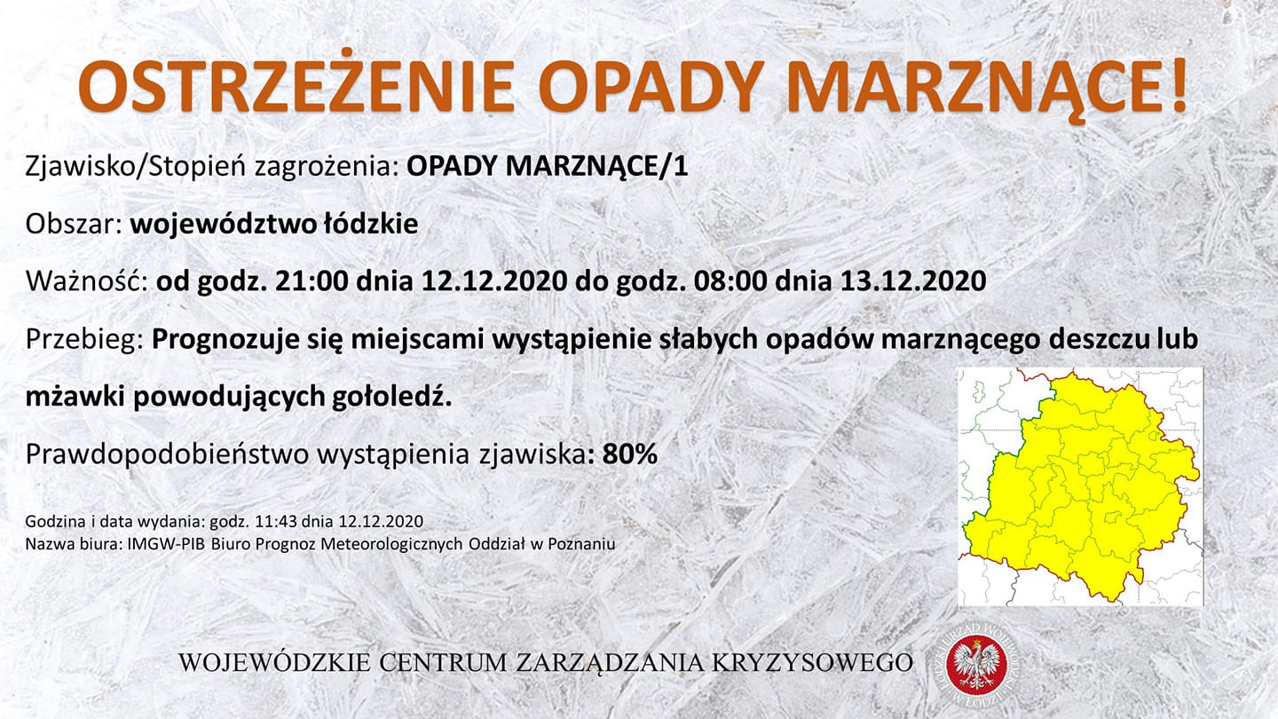 Ostrzeżenie meteorologiczne
 Zjawisko/Stopień zagrożenia: opady marznące/1
 Ważn...