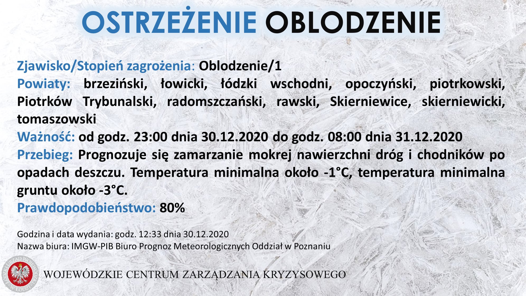 Ostrzeżenie meteorologiczne:
 Zjawisko/Stopień zagrożenia: Oblodzenie/1
 Powiaty...