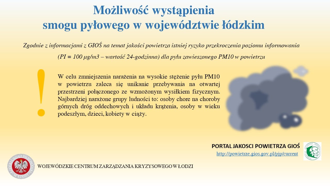 Uwaga smog! 
 Zagrożenie: ryzyko wystąpienia przekroczenia poziomu informowania ...