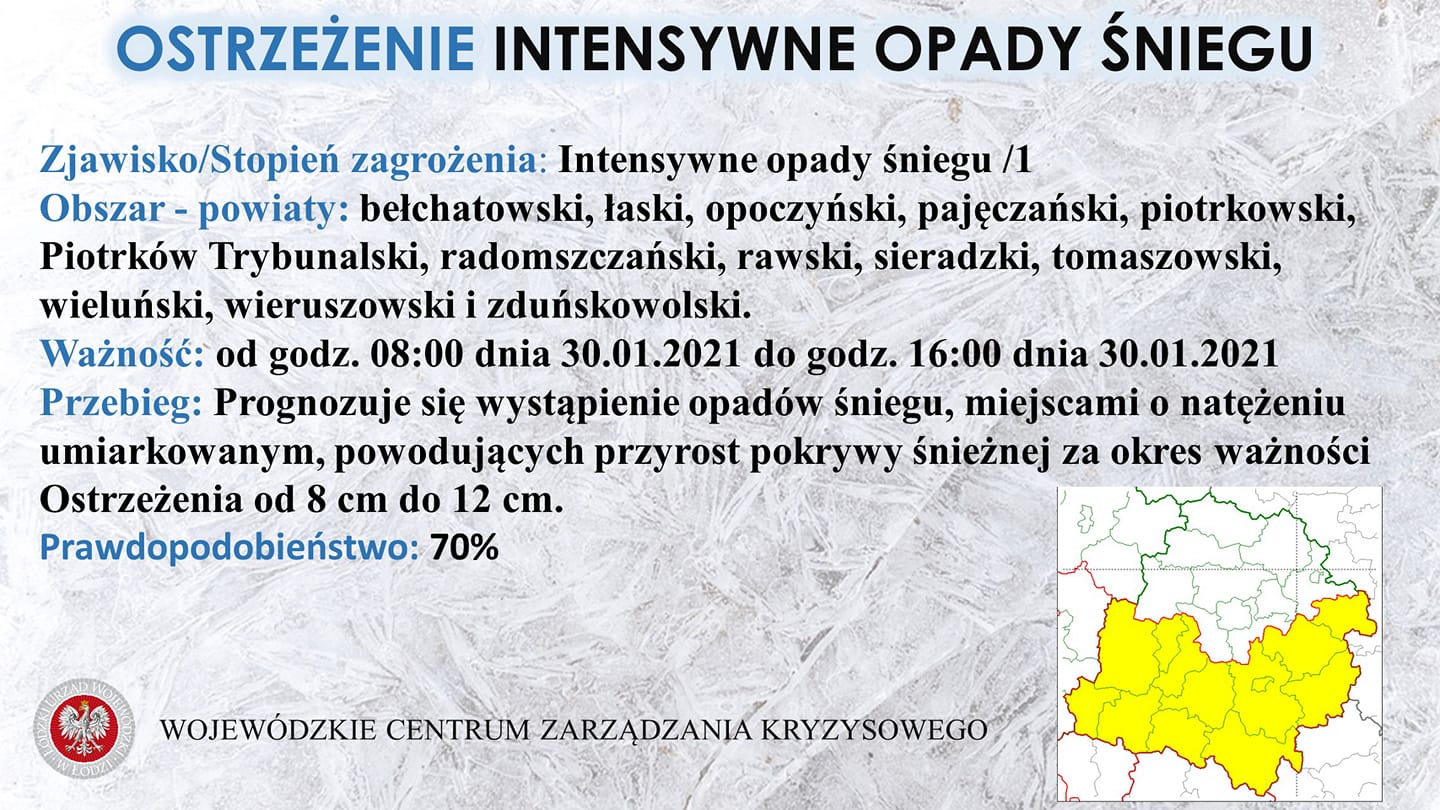 Ostrzeżenie meteorologiczne 
 Zjawisko: Intensywne opady śniegu /1
 Obszar: bełc...