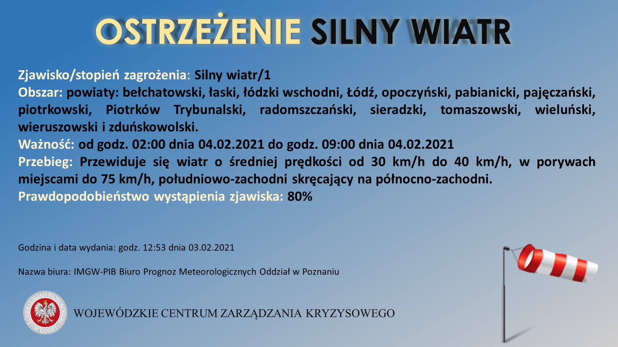 Ostrzeżenie meteorologiczne
 Zjawisko: Silny wiatr/1
 Obszar: bełchatowski, łask...