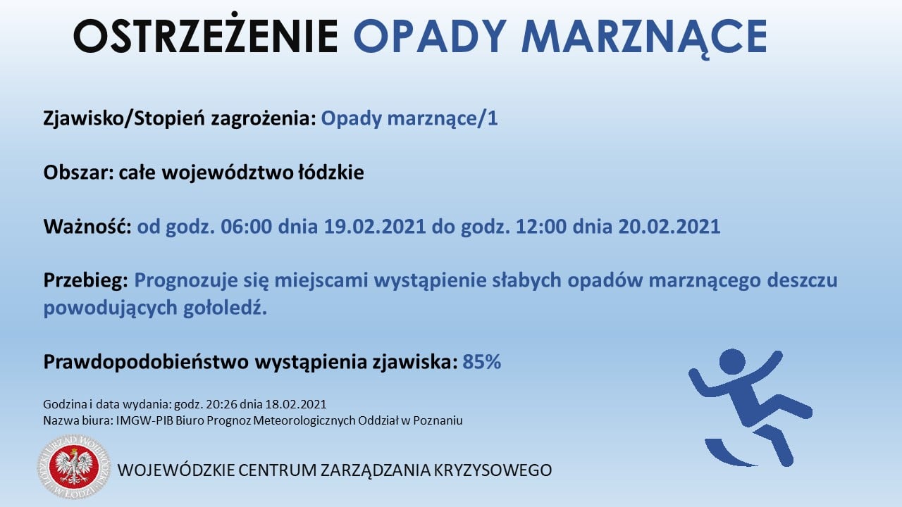 Ostrzeżenie meteorologiczne 
 Zjawisko/Stopień zagrożenia: Opady marznące/1
 Obs...