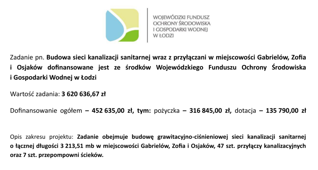 tablica WFOSiGW 1 1024x549 - Tablica dla zadania pn. "Budowa sieci kanalizacji sanitarnej wraz z przyłączami w miejscowości Gabrielów, Zofia i Osjaków"