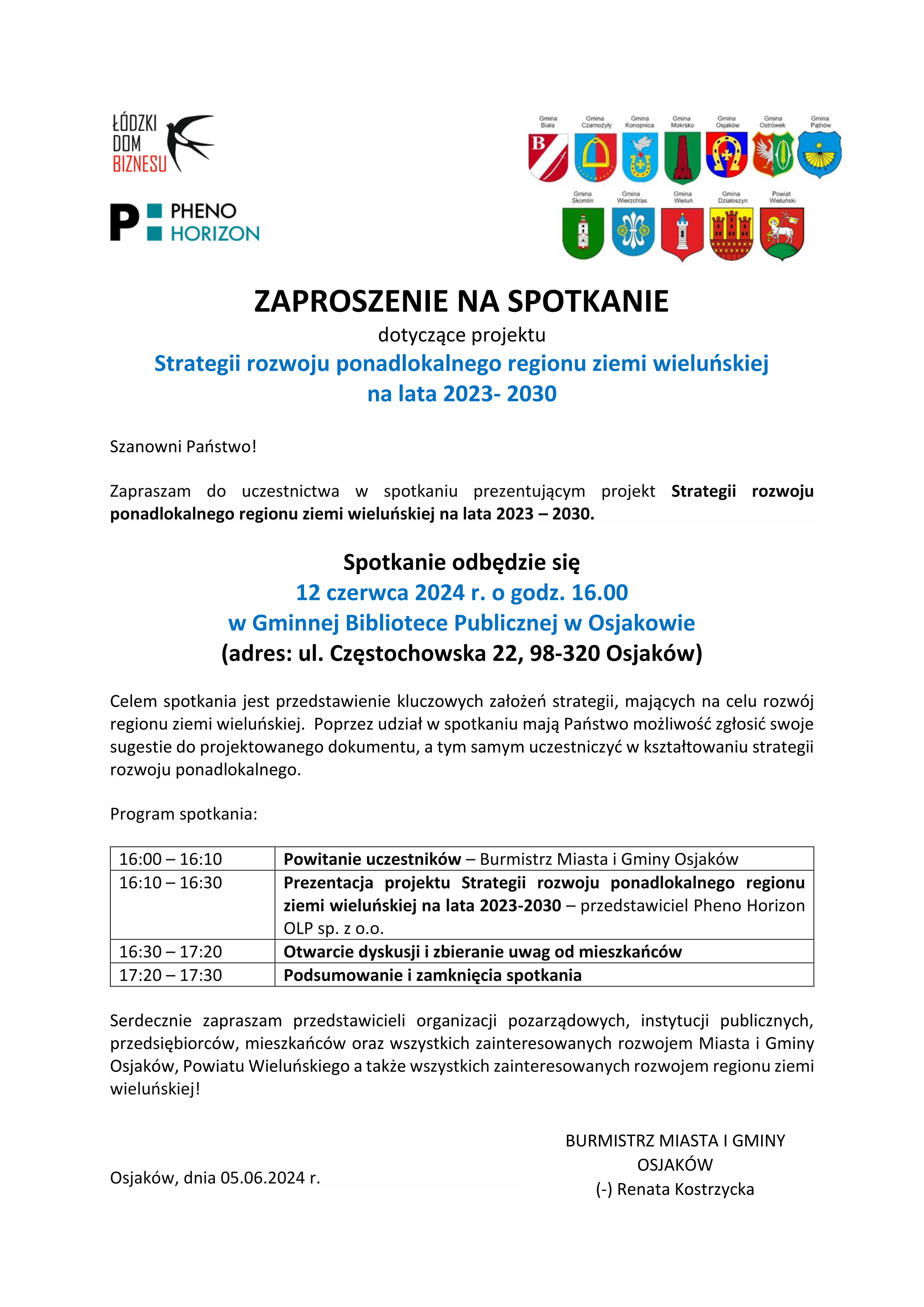 ZAPROSZENIE na spotkanie konsultacyjne — Osjakow 1 1 - Spotkanie dotyczące Strategii rozwoju ponadlokalnego regionu ziemi wieluńskiej na lata 2023-2030