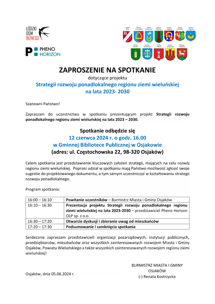 ZAPROSZENIE na spotkanie konsultacyjne — Osjakow 1 724x1024 - Zaproszenie na spotkanie konsultacyjne dotyczące Strategii rozwoju ponadlokalnego regionu ziemi wieluńskiej na lata 2023-2030