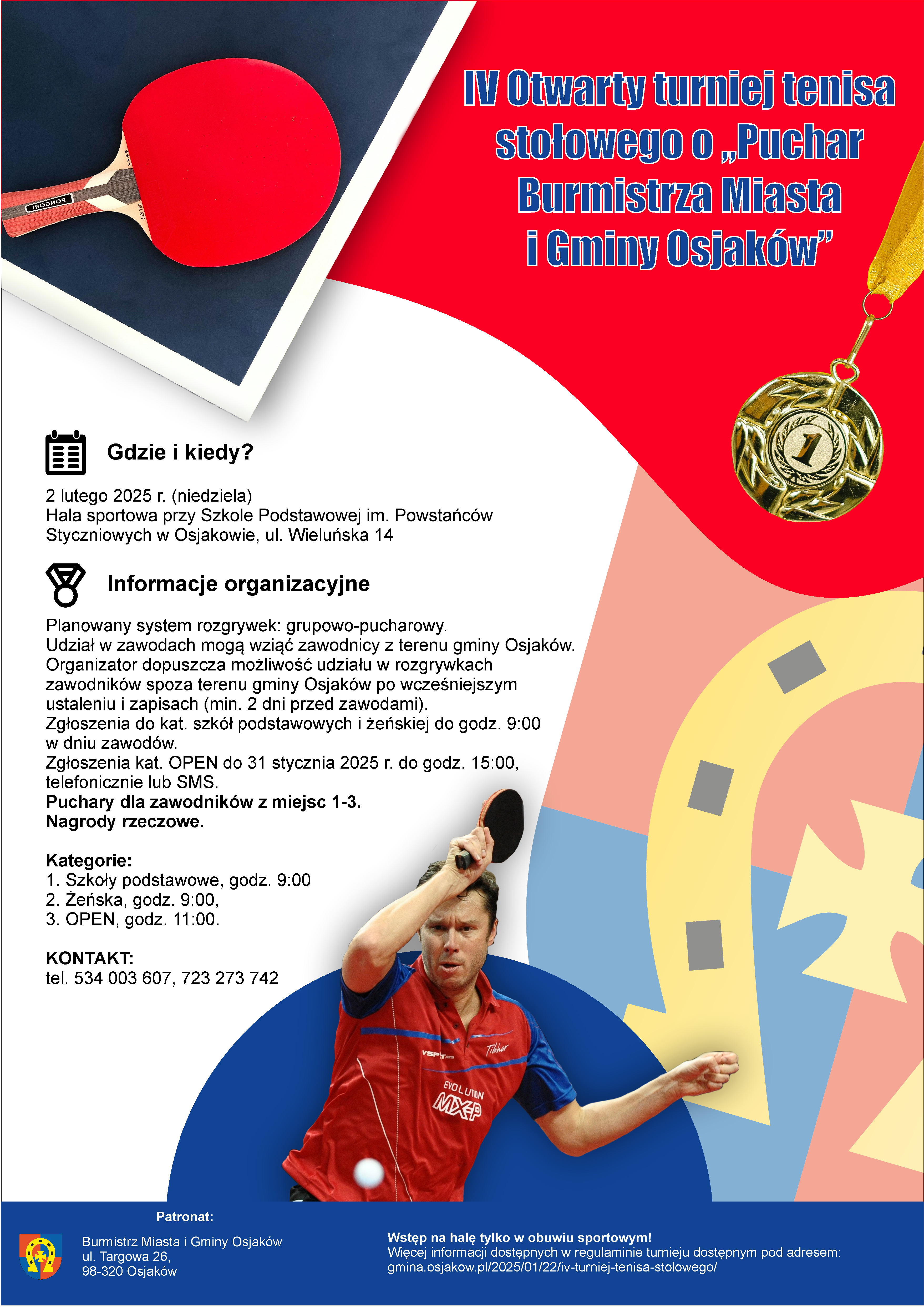 Plakat ping pong 1 - IV Otwarty Turniej Tenisa Stołowego o Puchar Burmistrza Miasta i Gminy Osjaków